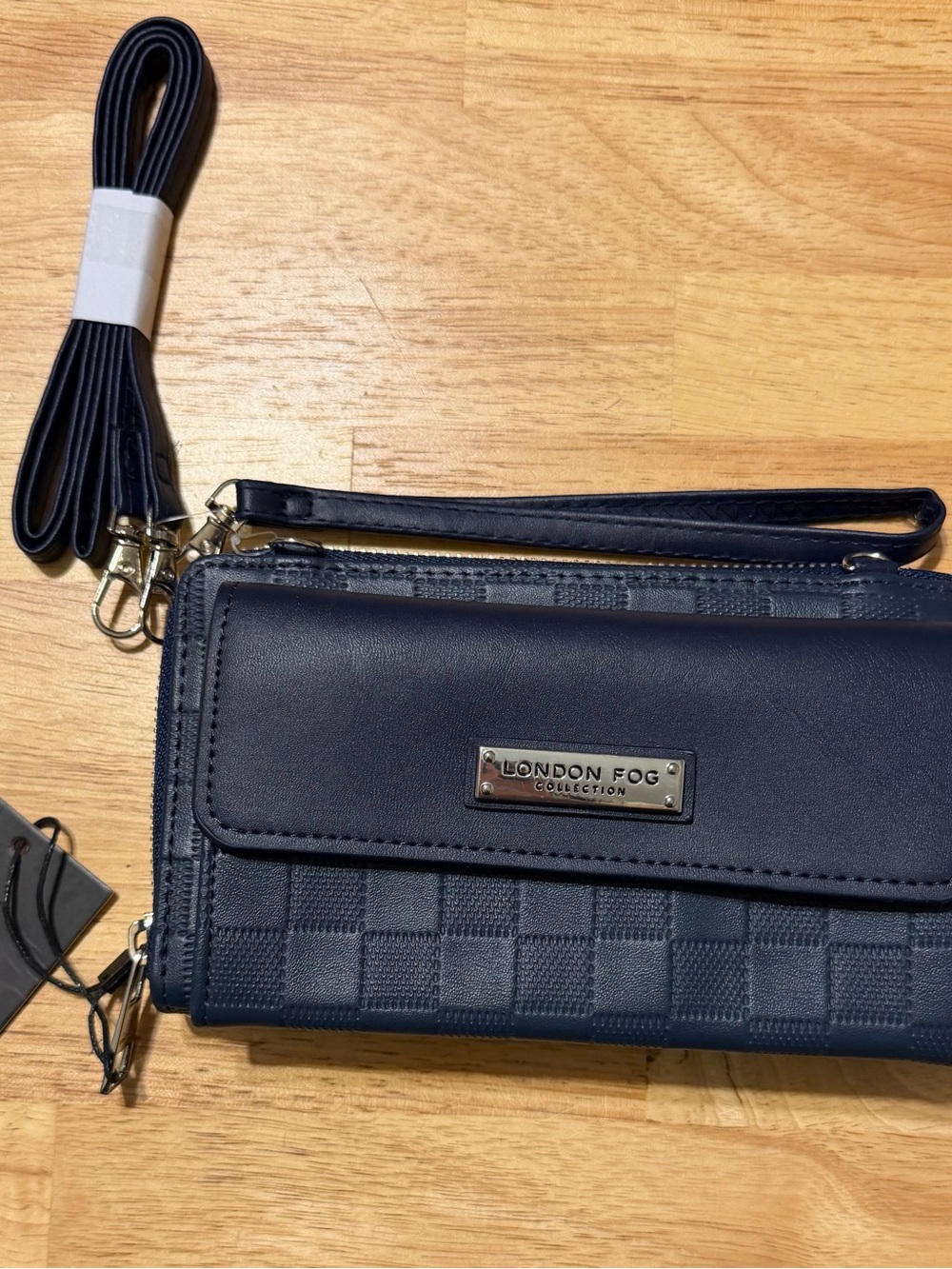 London Fog Navy Textured Check Wristlet Crossbody